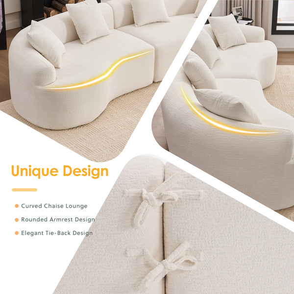 Curved Boneless Sofa,Compression Modular 110'' Sectional,White High-Density,Couches Sleeper for Living Room Bedroom Apartment Lounge,Chenille
