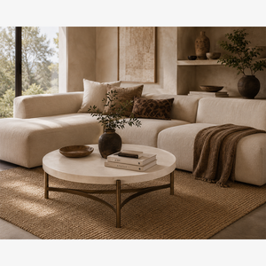 Modern Industrial Coffee Table - Circular White Faux Concrete Top with Black Metal Frame