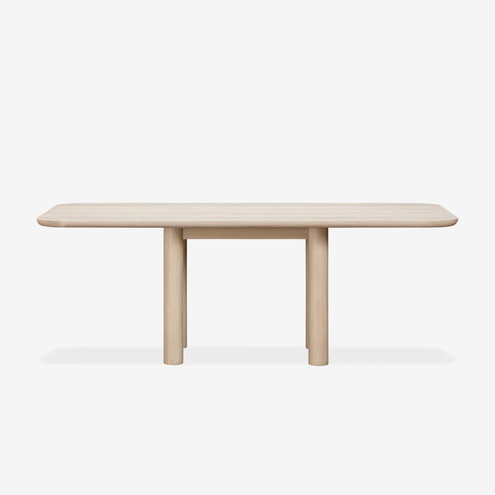Modern Oak Dining Table – Rounded Rectangle Wood Table with Sculptural Pillar Legs