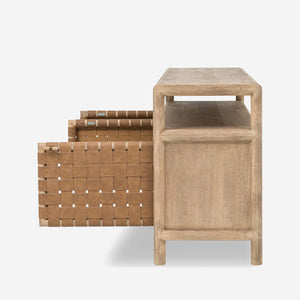 Modern Coastal Solid Wood Media Console with Woven Leather Doors