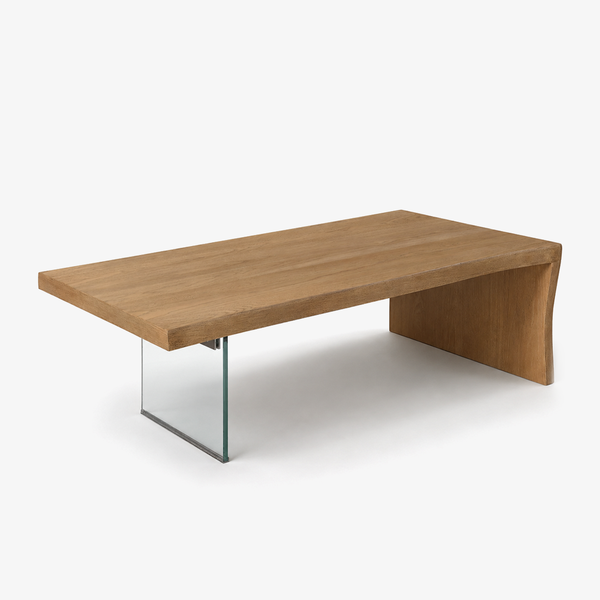 Modern Floating Coffee Table - Solid Wood Waterfall Design with Clear Tempered Glass Leg