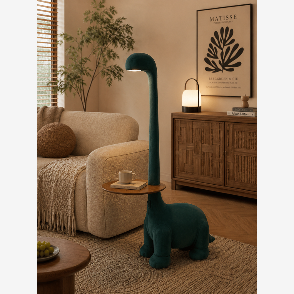 Giraffe Side Table Floor Lamp - 3-in-1 Plush Dinosaur End Table with Wooden Tray