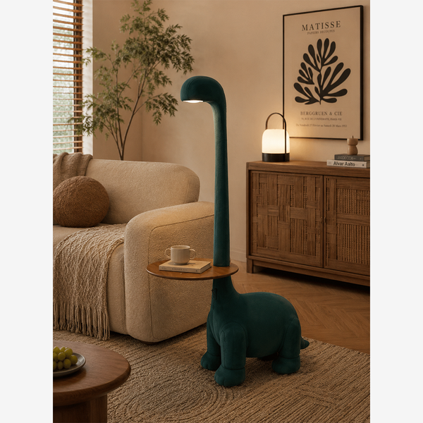 Giraffe Side Table Floor Lamp - 3-in-1 Plush Dinosaur End Table with Wooden Tray