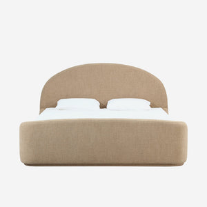 Minimalist Sand-Toned Fabric Bed with Arched Headboard - Contemporary Luxury Bedroom Furniture