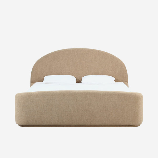 Minimalist Sand-Toned Fabric Bed with Arched Headboard - Contemporary Luxury Bedroom Furniture