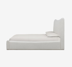 Modern Pinstripe Upholstered Platform Bed with Curved Wingback Headboard