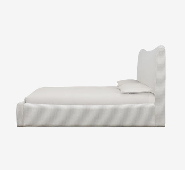 Modern Pinstripe Upholstered Platform Bed with Curved Wingback Headboard