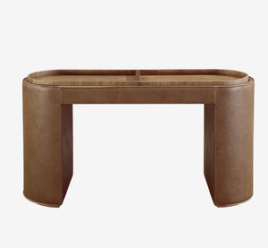 Modern Leather-Wrapped Console Table with Recessed Walnut Wood Tray Top