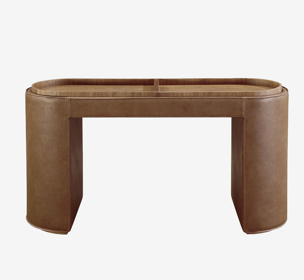 Modern Leather-Wrapped Console Table with Recessed Walnut Wood Tray Top