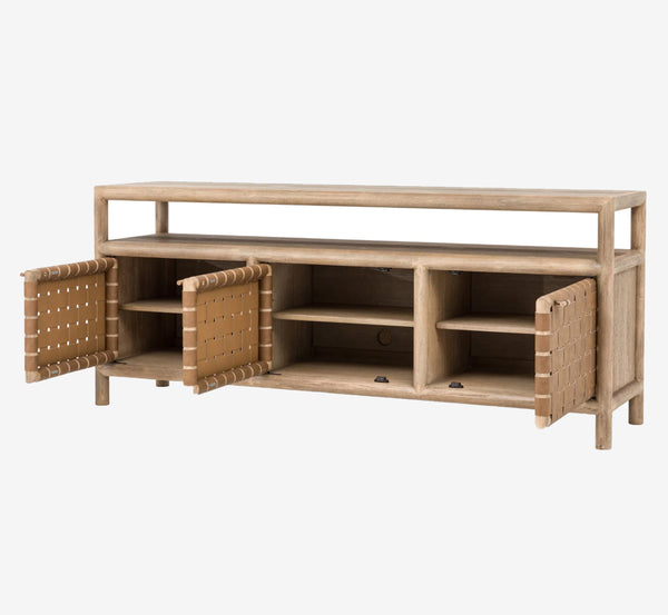 Modern Coastal Solid Wood Media Console with Woven Leather Doors