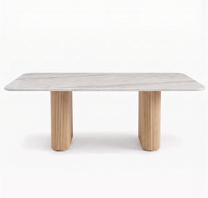 Modern Organic Marble & Slatted Wood Dining Table