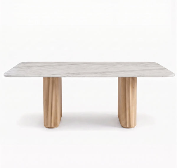 Modern Organic Marble & Slatted Wood Dining Table