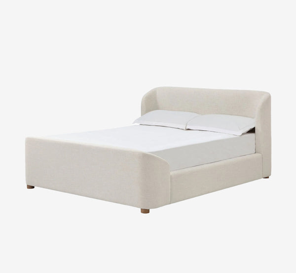 Modern Beige Curved Upholstered Platform Bed | Soft Wingback Headboard Bed Frame
