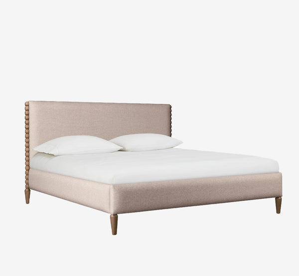 Mid-Century Modern Oatmeal Upholstered Platform Bed with Bobbin Wood Detail