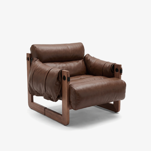 Modern Ash Wood Lounge Chair in Tobacco Oil Wax Leather - Architectural Accent Chair with Draped Armrests