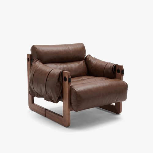 Modern Ash Wood Lounge Chair in Tobacco Oil Wax Leather - Architectural Accent Chair with Draped Armrests
