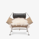 White Coated Steel Frame Rope Deck Chair - Comfortable Lazy Lounge Chair with Faux Fur Cushion - Minimalist Salon Settee with Tan Leather Pillow