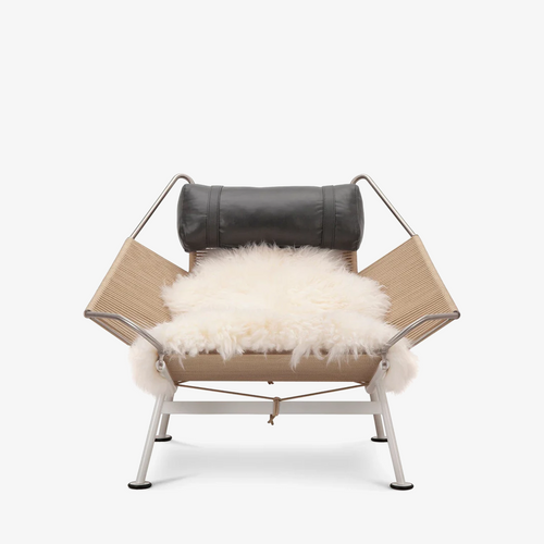White Coated Steel Frame Rope Deck Chair - Comfortable Lazy Lounge Chair with Faux Fur Cushion - Minimalist Salon Settee with Tan Leather Pillow