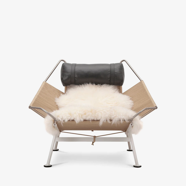 White Coated Steel Frame Rope Deck Chair - Comfortable Lazy Lounge Chair with Faux Fur Cushion - Minimalist Salon Settee with Tan Leather Pillow