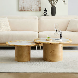 Irregular Coffee Table set, 2pcs burl Wood Veneer Coffee Table,Sintered Stone Tabletop Table with Sturdy MDF Pedestal, Rounded Sofa Side Table for living Room,Office