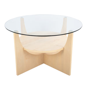 U-Shaped Contemporary Coffee Table in Natural Wood and Clear Glass
