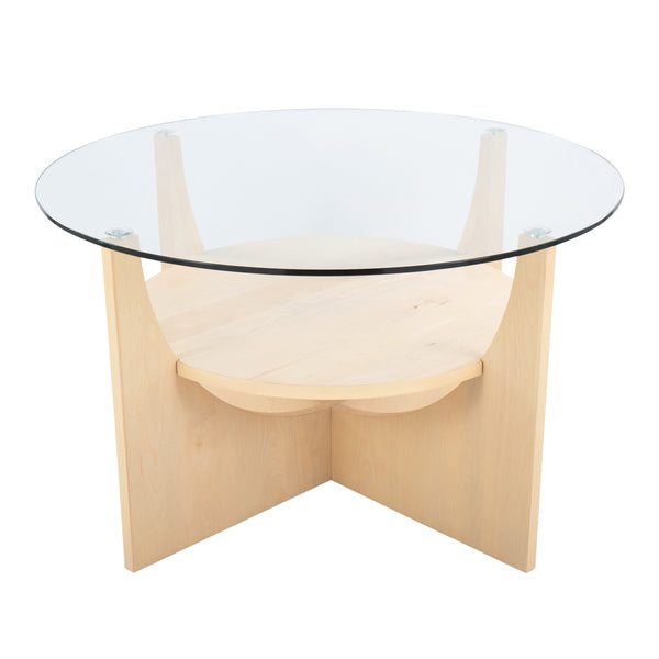 U-Shaped Contemporary Coffee Table in Natural Wood and Clear Glass