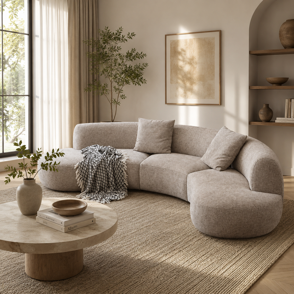 Modern Curved Chenille Sofa – Sculptural Upholstered Living Room Couch