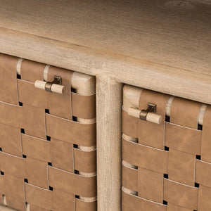 Modern Coastal Solid Wood Media Console with Woven Leather Doors