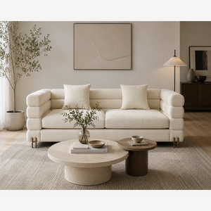 Modern Cream Bouclé Sofa with Channeled Back