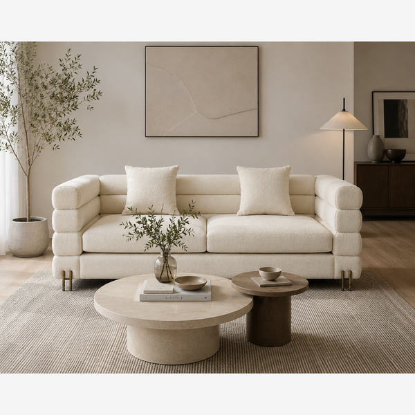 Modern Cream Bouclé Sofa with Channeled Back
