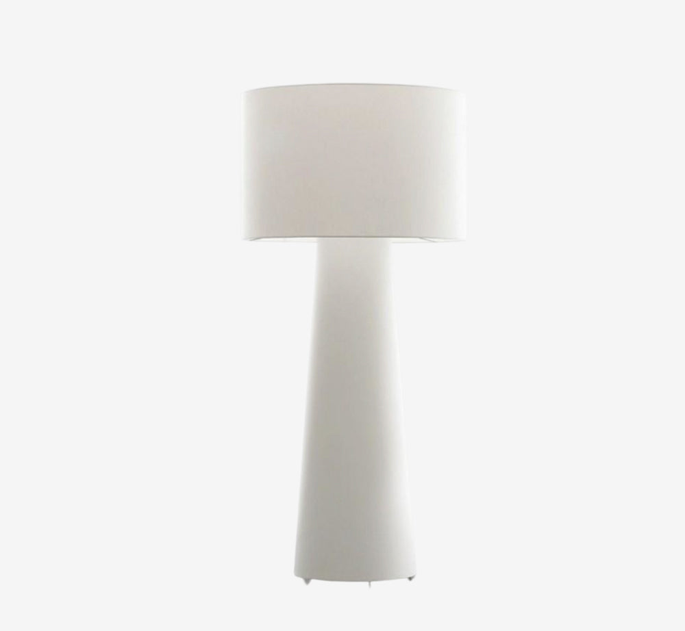 Modern Minimalist Matte White Floor Lamp – Tapered Conical Base with Drum Shade – All-White Architectural Standing Light