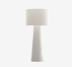 Modern Minimalist Matte White Floor Lamp – Tapered Conical Base with Drum Shade – All-White Architectural Standing Light