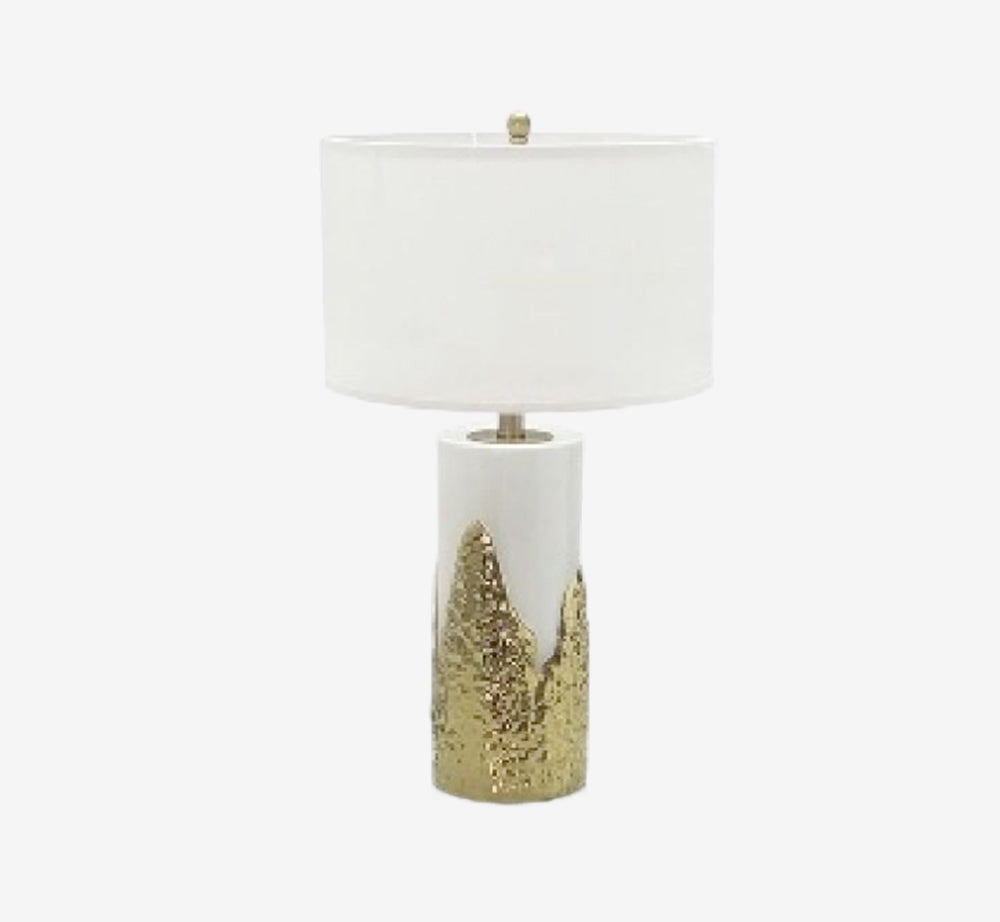Luxury White Ceramic Table Lamp with Textured Gold Base – Modern Art Deco Drum Shade Lamp for Bedside & Living Room