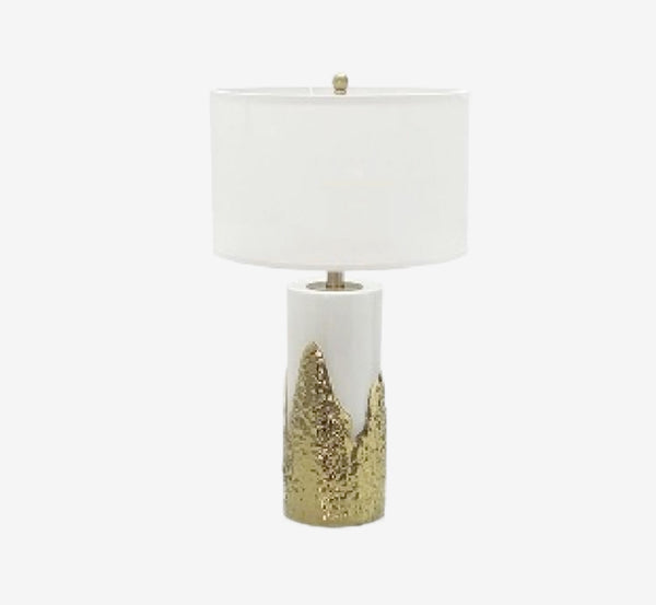 Luxury White Ceramic Table Lamp with Textured Gold Base – Modern Art Deco Drum Shade Lamp for Bedside & Living Room