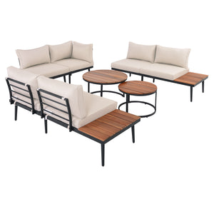 TREXM 6-Piece Outdoor Sectional Sofa Set with Round Nesting Coffee Tables and Seating Sofa with Cushions for Patio, Porch and Garden (Beige)
