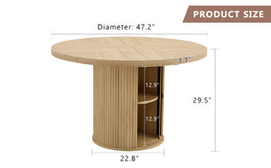 47.2-inch round wooden-style dining table with double-layer storage design and Roman column shape - featuring classic wood grain finish, it creates an eternal and elegant atmosphere for your living