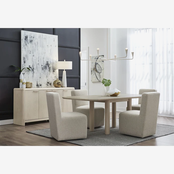 Modern Oak Dining Table – Rounded Rectangle Wood Table with Sculptural Pillar Legs