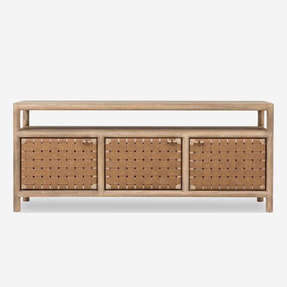 Modern Coastal Solid Wood Media Console with Woven Leather Doors