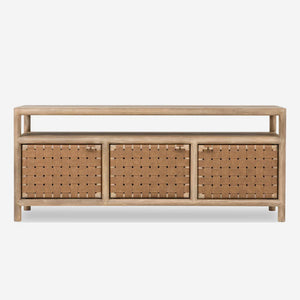 Modern Coastal Solid Wood Media Console with Woven Leather Doors