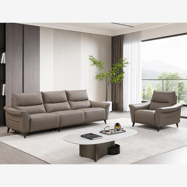 Modern Genuine Leather Dual Power Reclining Sofa – Ergonomic Couch with Metal Legs