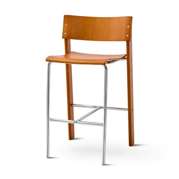 Mid-Century Modern Beech Wood Bar Stool with Chrome Frame