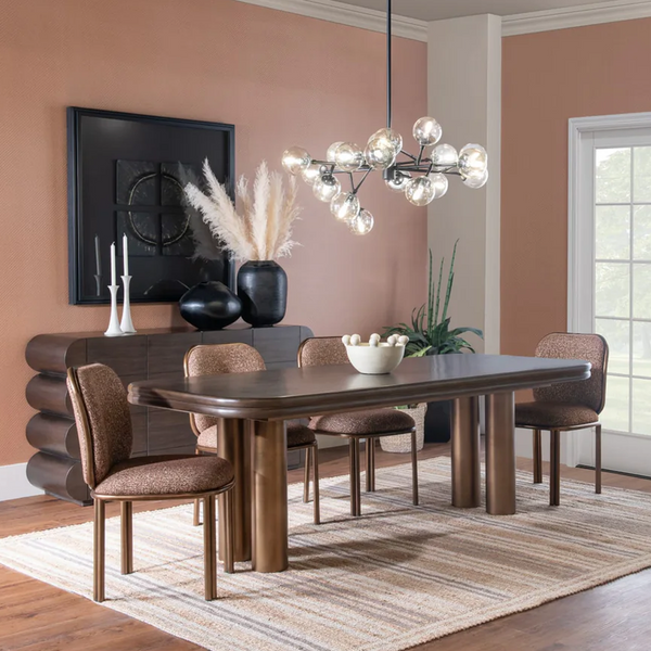 87" Modern Walnut Wood Dining Table with Brushed Gold Stainless Steel Base – Luxury Dining Table for 6–8