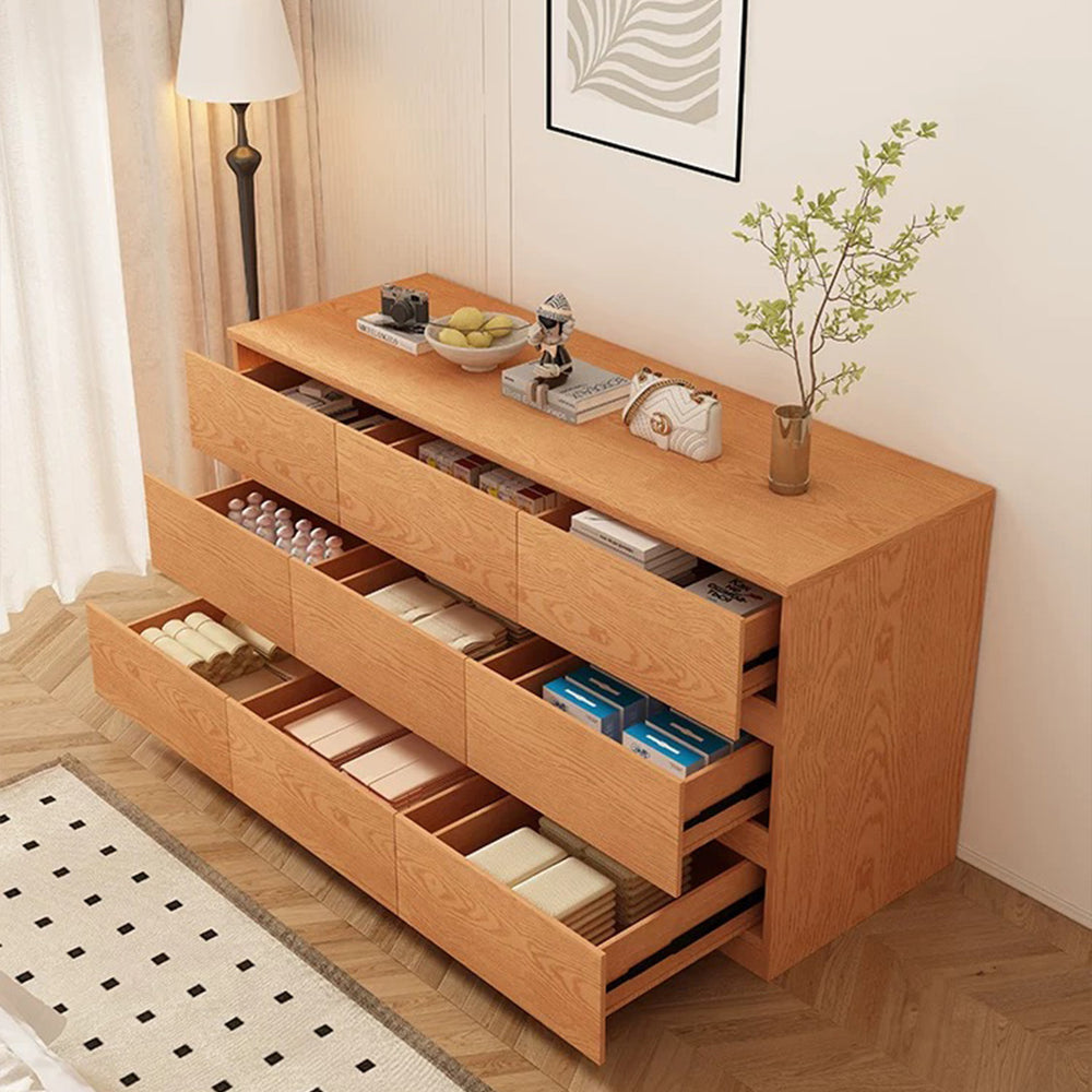 Modern Light Oak 9-Drawer Wide Bedroom Dresser with Recessed Pulls