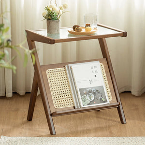 Rattan Nightstand Side Table, Bamboo Accent Bedside Tables, Glass Coffee Tables, Boho End Table with Storage for Small Space Living Room Bedroom, Brown