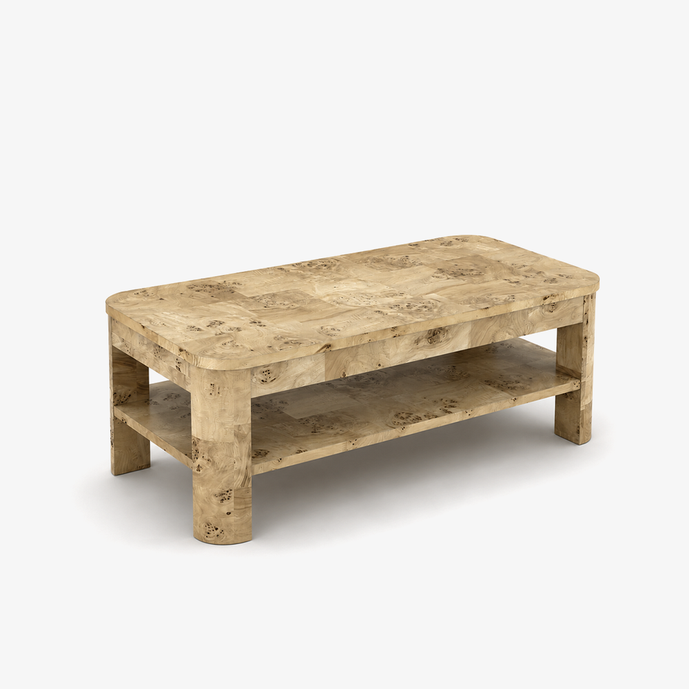Modern Mappa Burl Wood Coffee Table with Storage Shelf | Rounded Corner Center Table