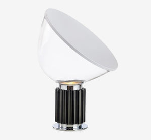 Mid-Century Modern Indirect Accent Lamp – Ribbed Pedestal Desk Light with Large Glass Diffuser – Black & Chrome