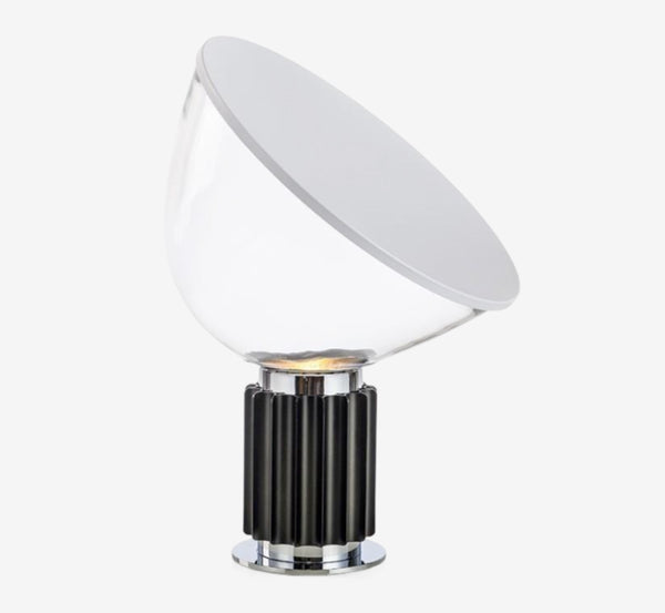 Mid-Century Modern Indirect Accent Lamp – Ribbed Pedestal Desk Light with Large Glass Diffuser – Black & Chrome