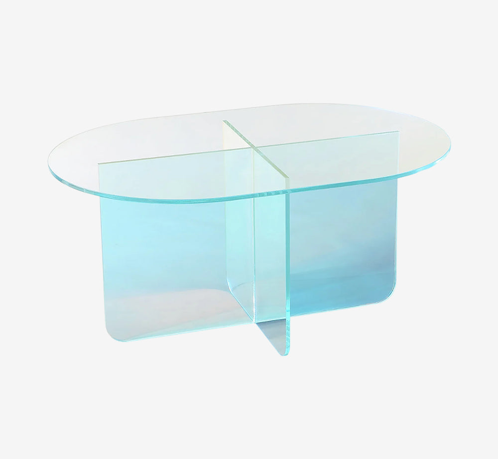 Iridescent Acrylic Coffee Table - Modern Oval Rainbow Glass Center Table with Cross Base for Living Room