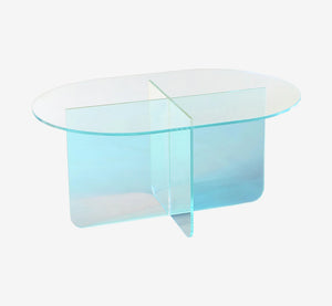 Iridescent Acrylic Coffee Table - Modern Oval Rainbow Glass Center Table with Cross Base for Living Room