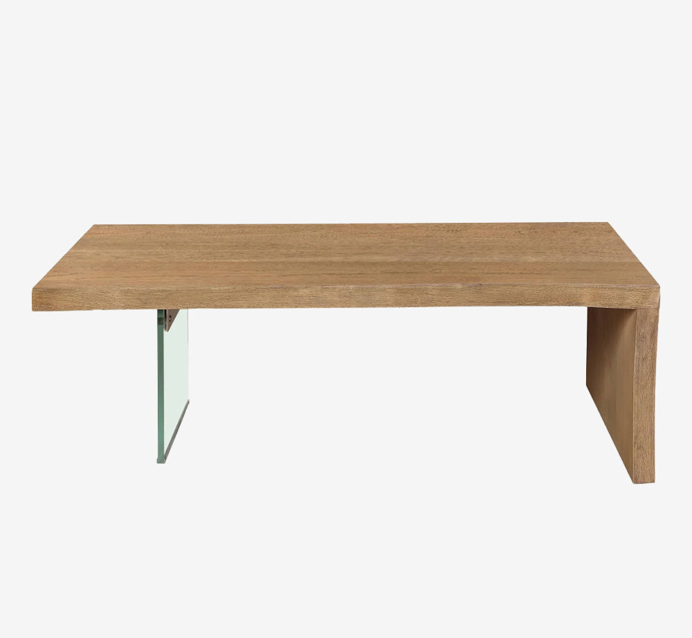 Modern Floating Coffee Table - Solid Wood Waterfall Design with Clear Tempered Glass Leg